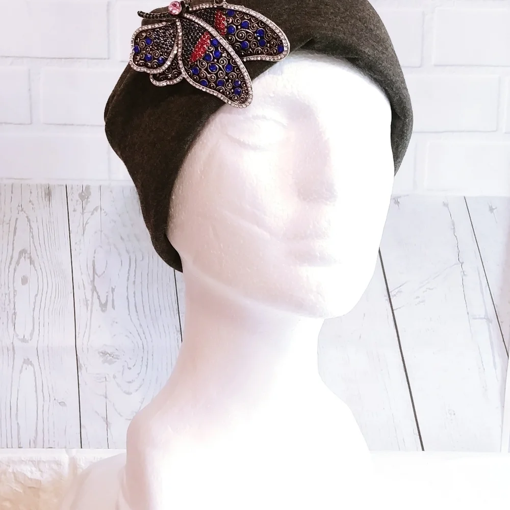 Beanie Hat Slouch Skull Cap and Butterfly Brooch